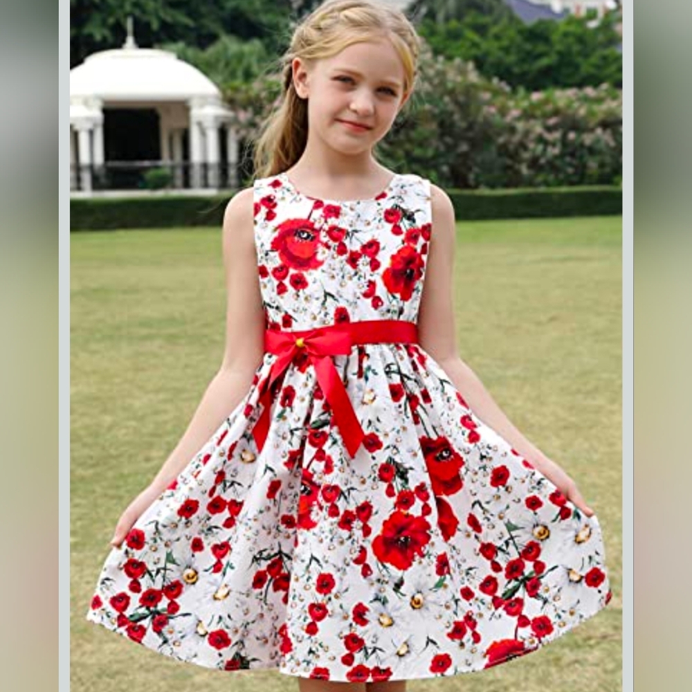 Poppy Floral Girl's 5-6T Dress Red Accents